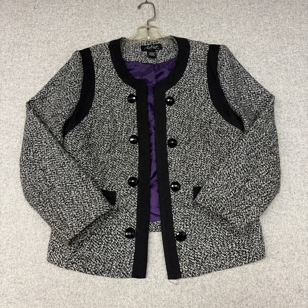 Russell Kemp Blazer XL Black White Tweed Open Front Purple Lining Professional